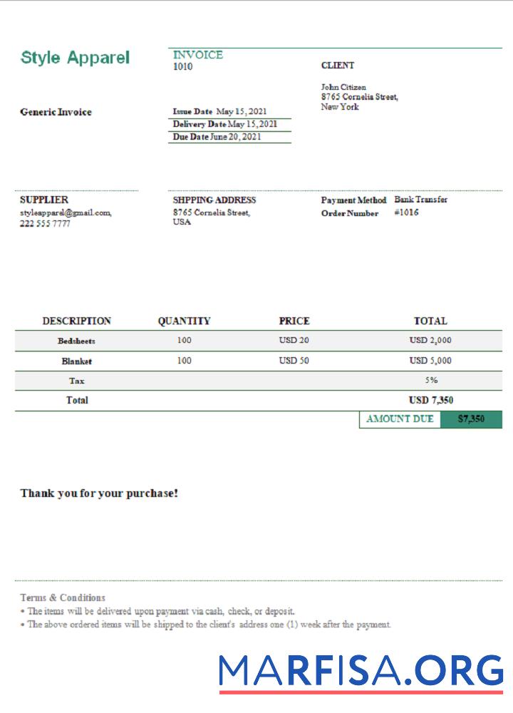 Printable USA Style Apparel invoice download for verification